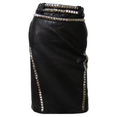 Verace Leather Skirt with Studs and Buckle Waist 