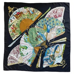 Hermes Black Brise de Charme Fan Print 90cm Silk Square Scarf by Julie Abadie