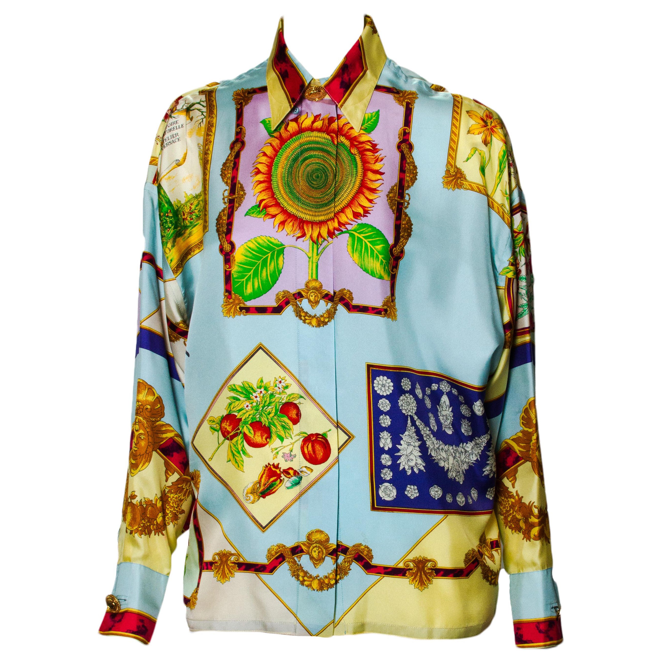 1990er Gianni Versace Couture Vintage Seidenhemd mit Blumenmuster und Kragen