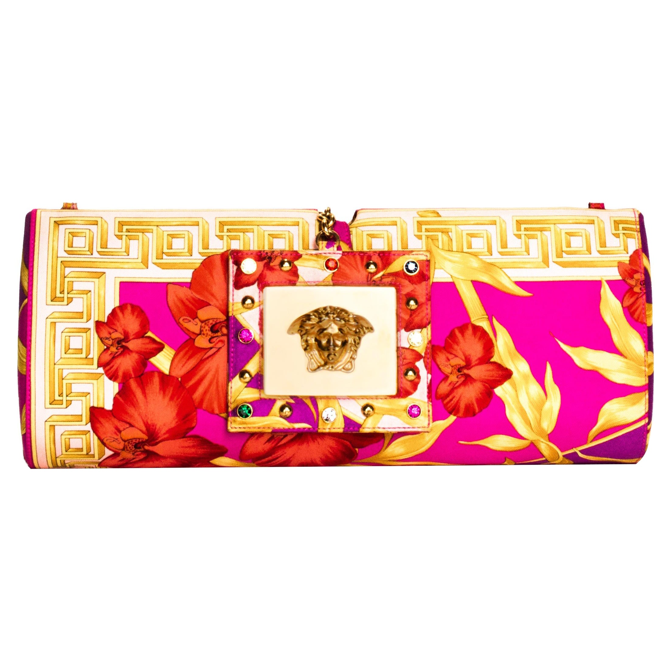 S/S 2000 Gianni Versace by Donatella Runway Pink Printed Silk Convertible Clutch For Sale