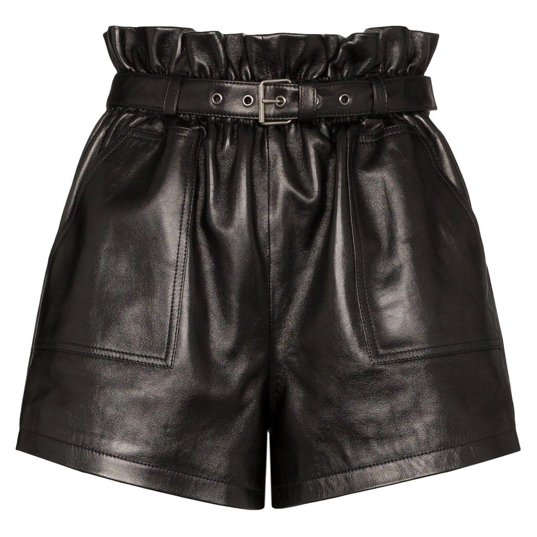 Saint Laurent Black High Waisted Belted Leather Shorts Size 36