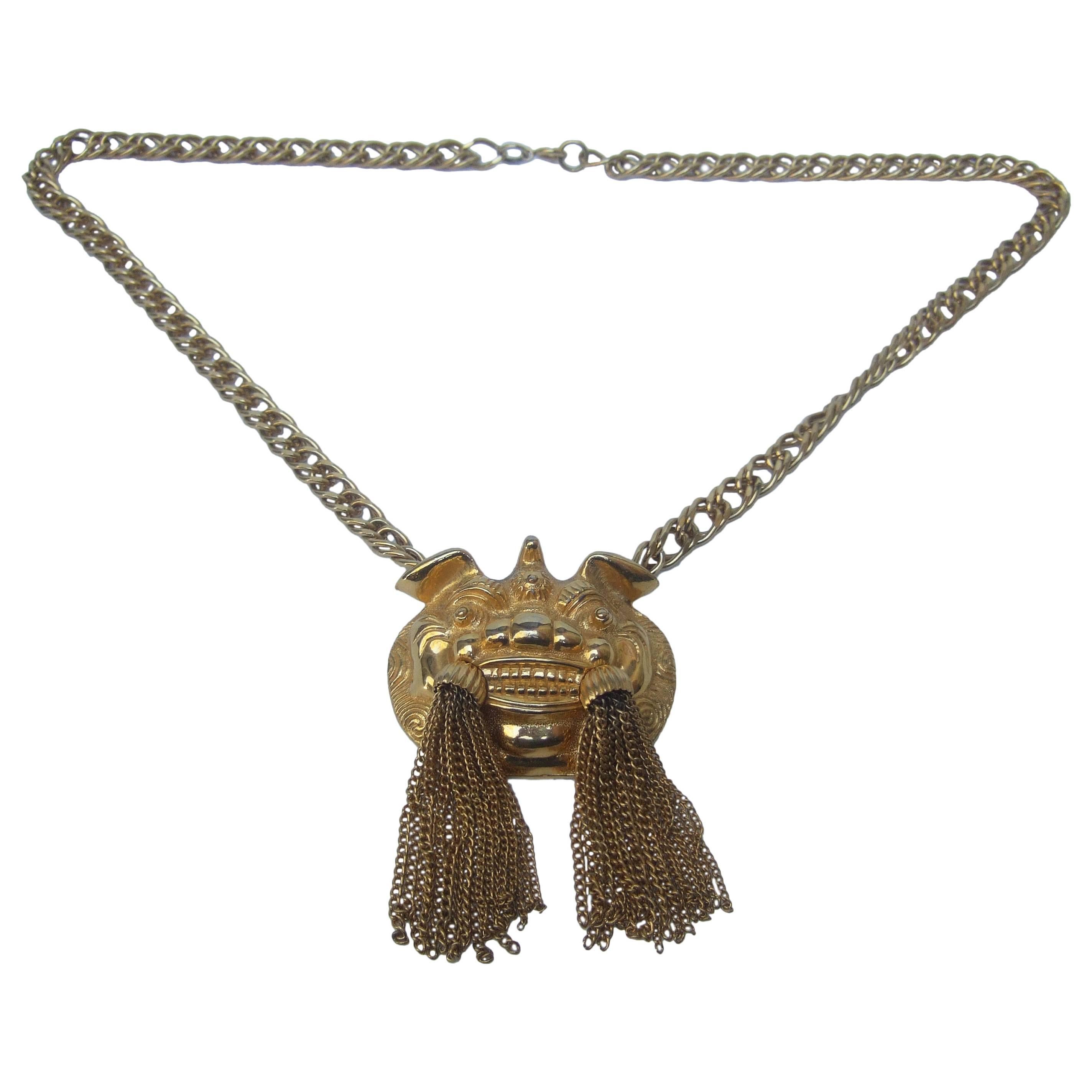 Judith Leiber Unique Foo Dog Brooch Pendant Necklace ca 1980s