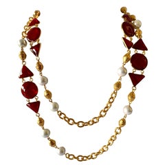 French Red "Pate de Verre" and Pearl Necklace/Sautoir