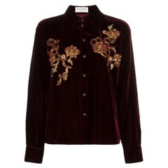 Saint Laurent Fall 2019 Runway Burgundy Velvet Embroidered Shirt Size 38