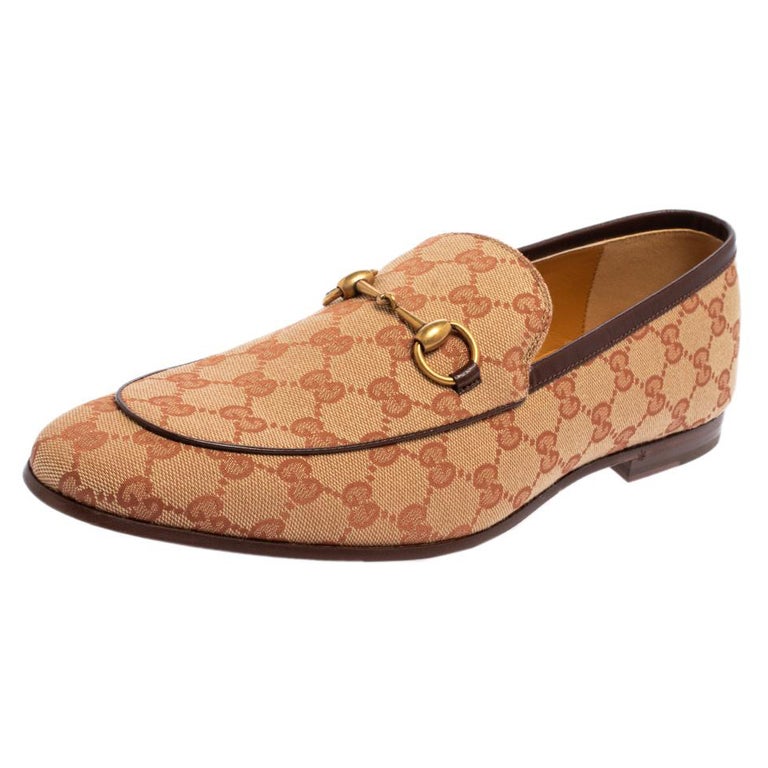 Gucci Beige GG Canvas Jordaan Horsebit Slip On Loafers Size 45 at 1stDibs