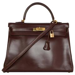 Hermes Brown Box Leather 35cm Retourne Kelly Bag GHW