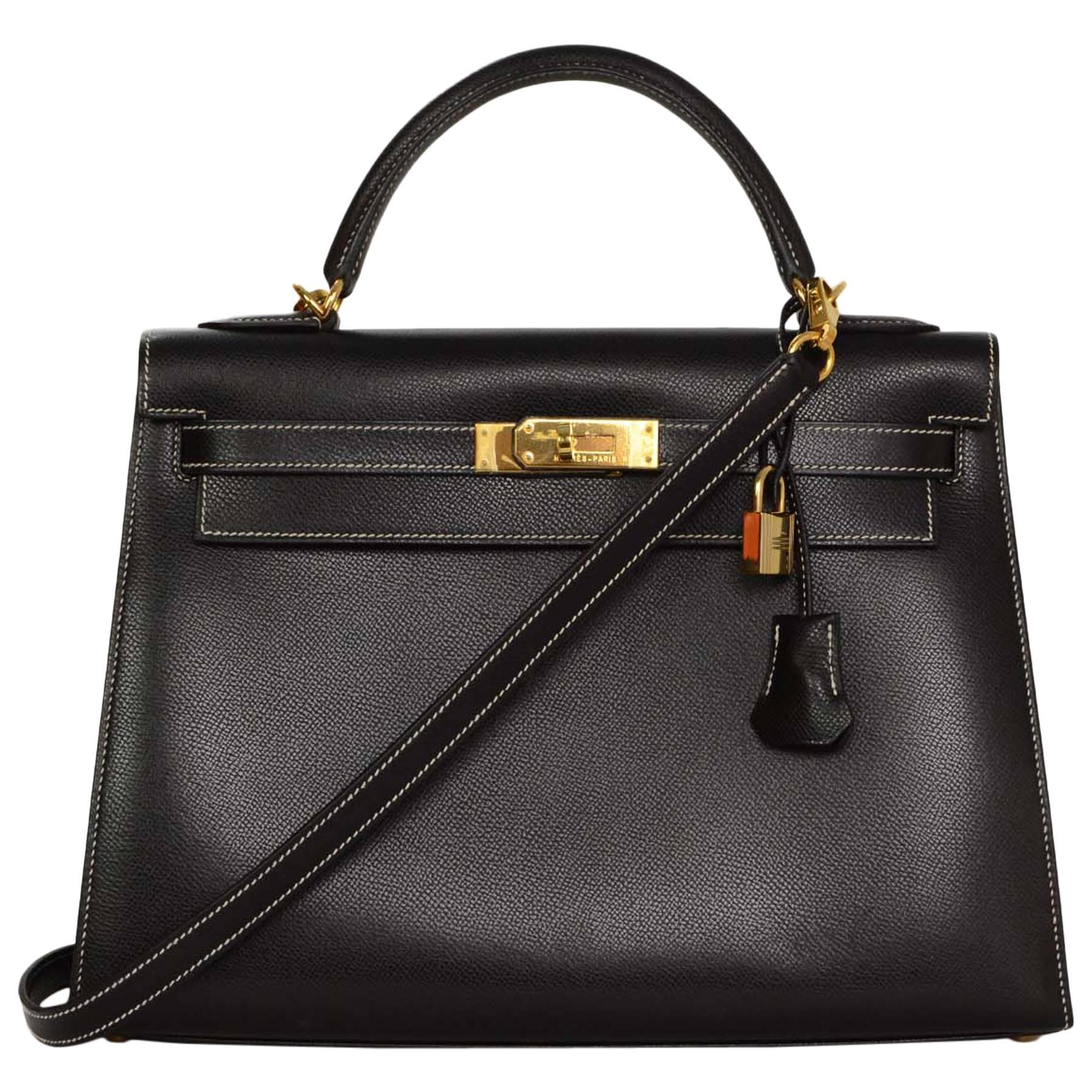 Hermes Black/White Contrast Veau grain Lisse Leather 32cm Sellier Kelly Bag