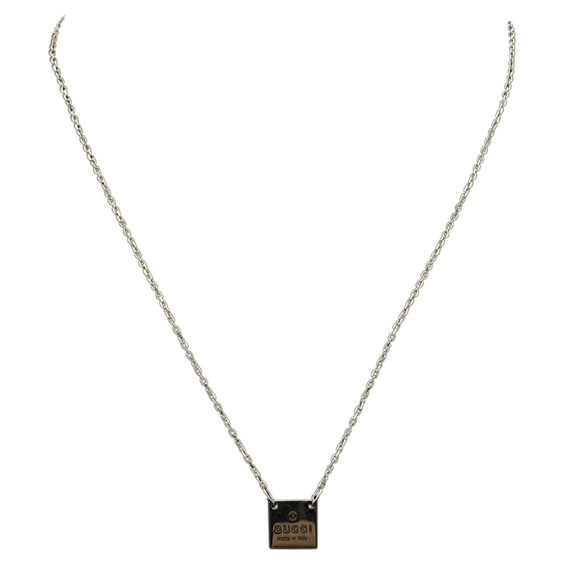 Gucci Sterling Silver Square Logo Pendant Chain Necklace