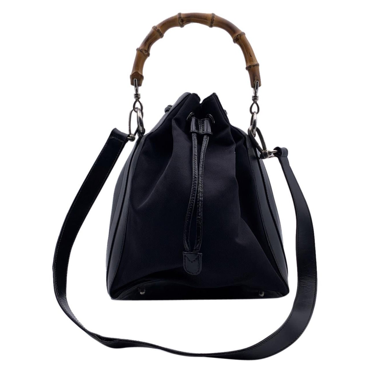 Gucci Vintage Black Canvas and Leather Bucket Bag Bamboo Handle