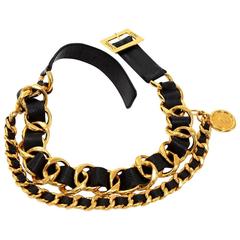 Chanel Vintage Black Lambskin Leather Gold Chain Medallion Charm Waist Belt 