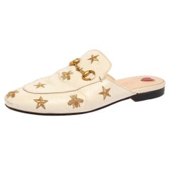 Gucci White Leather Star And Bee Embroidered Princetown Flat Mules Size 37