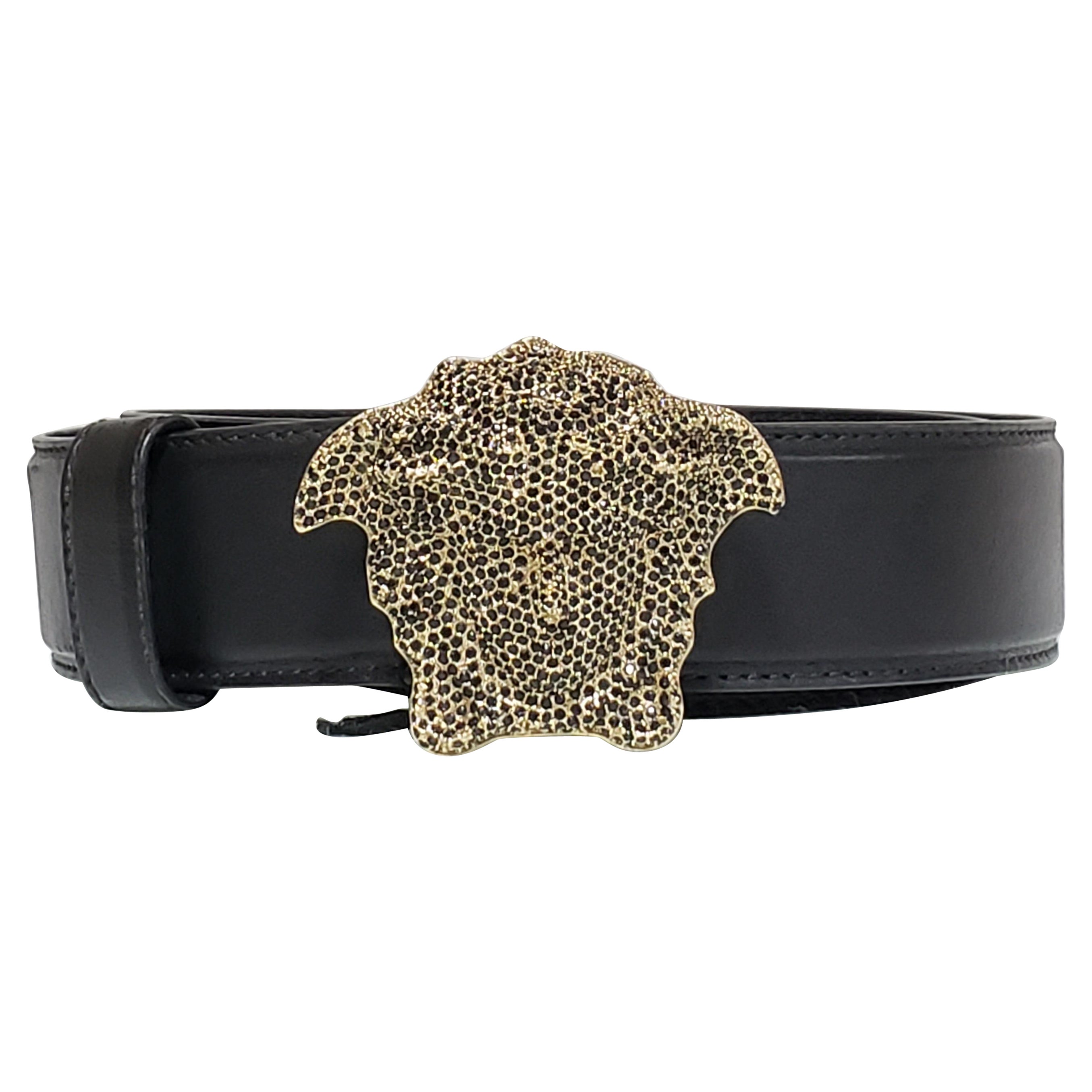 SOLD OUT!!! New  VERSACE CRYSTAL 3D MEDUSA BLACK LEATHER BELT 85/34