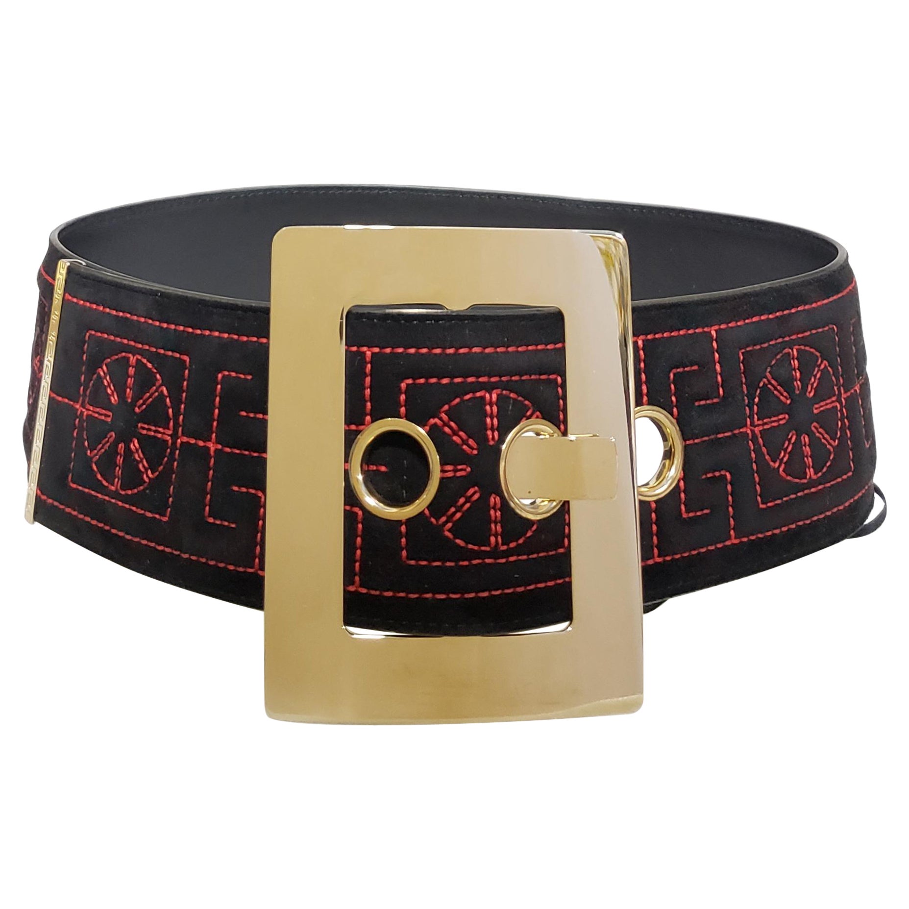 F/2015 LOOK#1 NEW VERSACE BLACK w/RED EMBROIDERED GREEK SUEDE BELT 70/28 For Sale