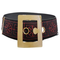 F/2015 LOOK#1 NEW VERSACE BLACK w/RED EMBROIDERED GREEK SUEDE BELT 70/28