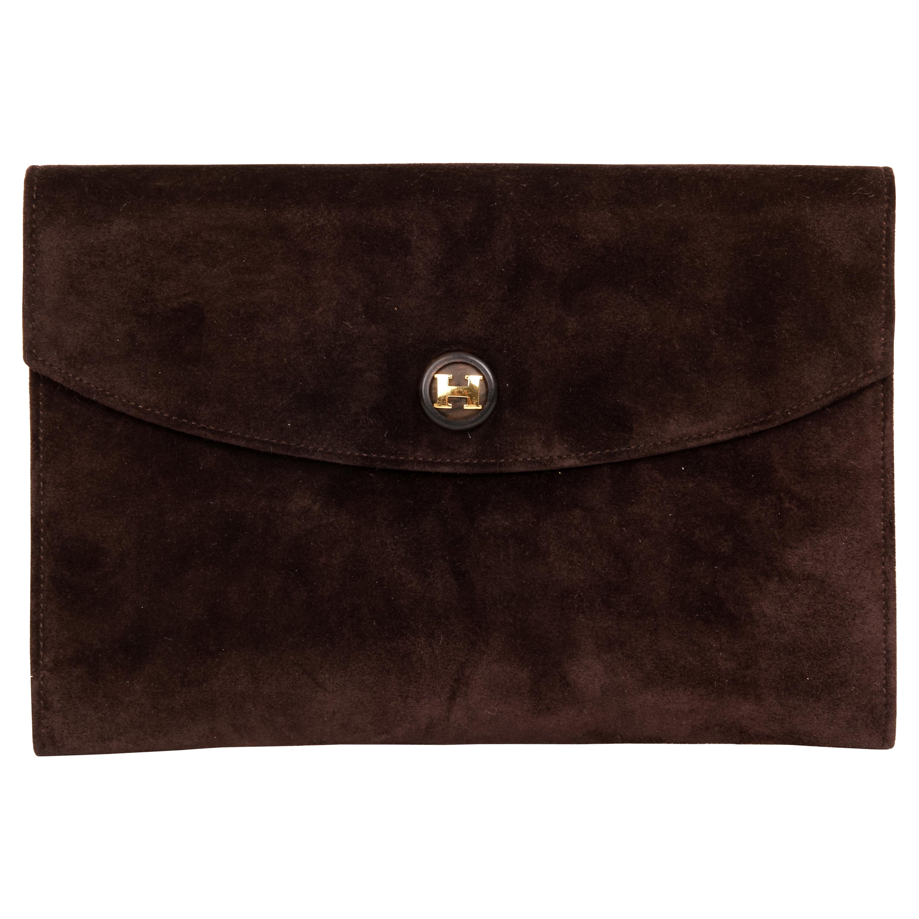 1970's Vintage Hermes Brown Doblis Suede Pochette  Rio For Sale