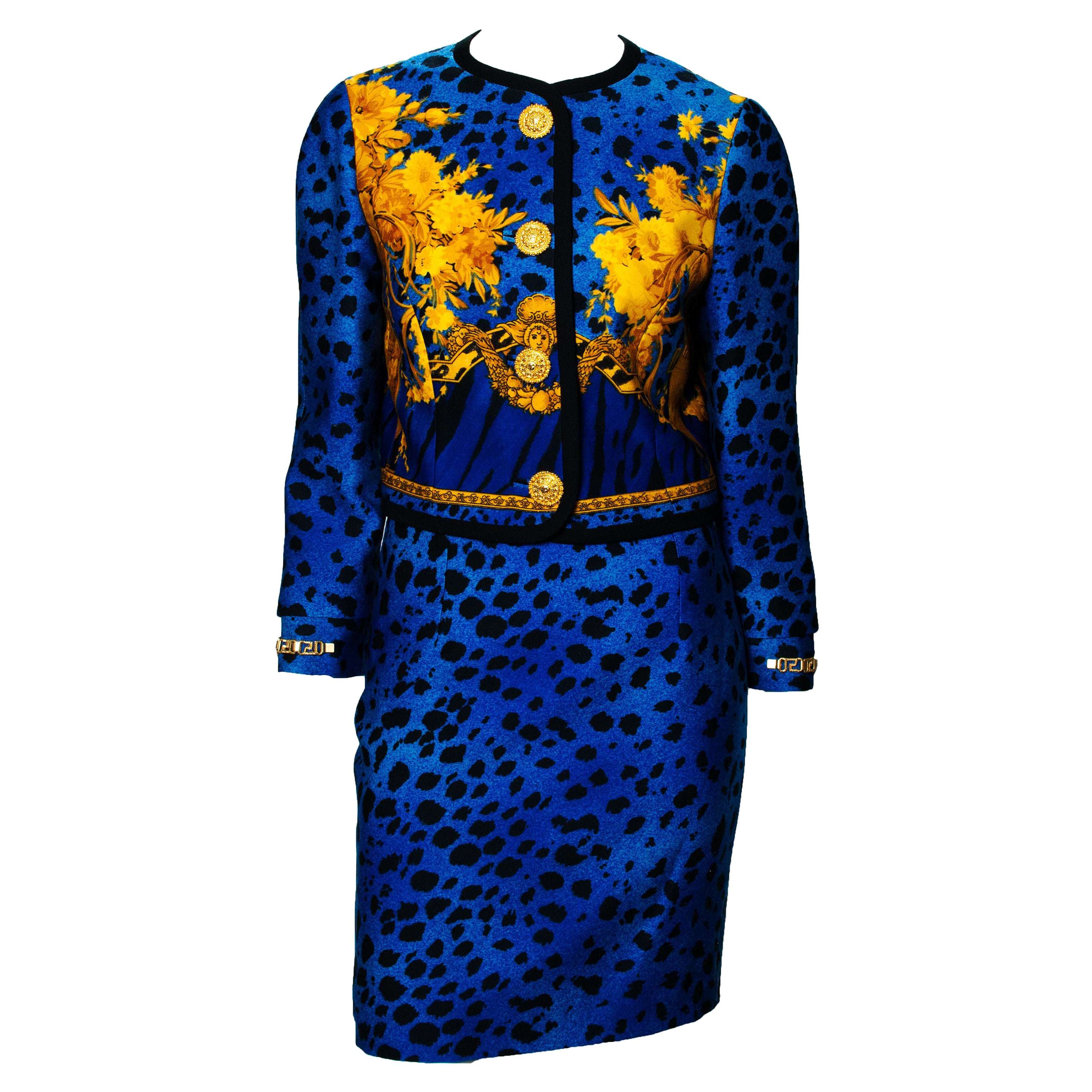 1992 Gianni Versace Blue Baroque Leopard Print Skirt Suit with Gold Chain Cuffs For Sale