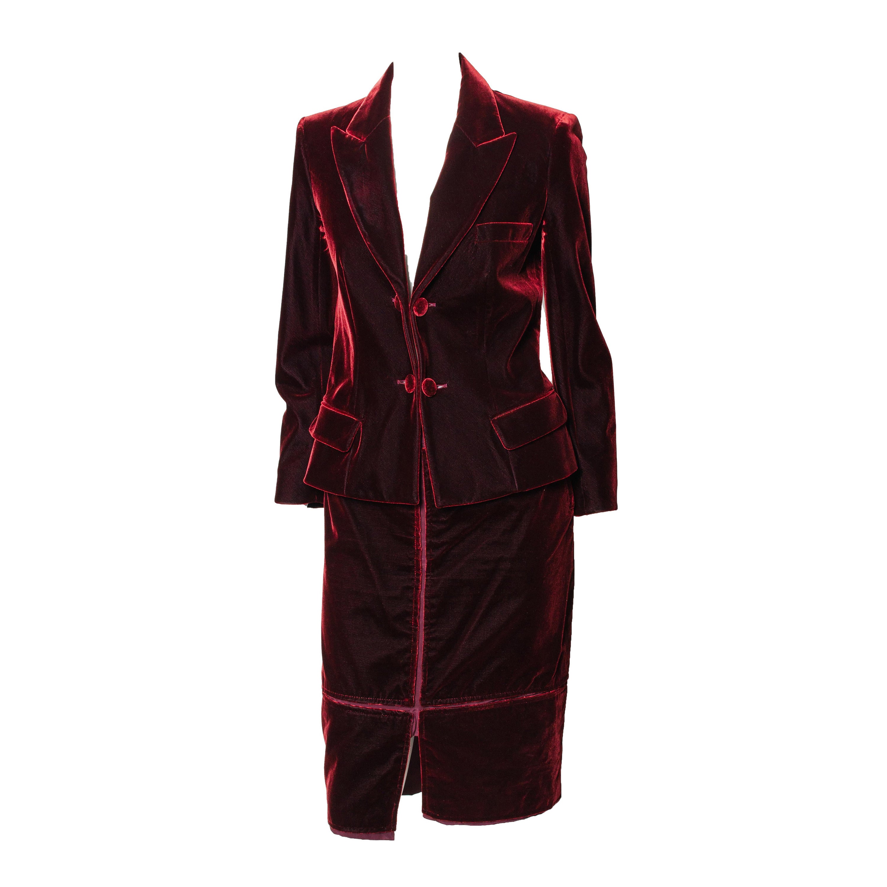 F/W 2002 Yves Saint Laurent by Tom Ford Red Velvet Skirt Suit