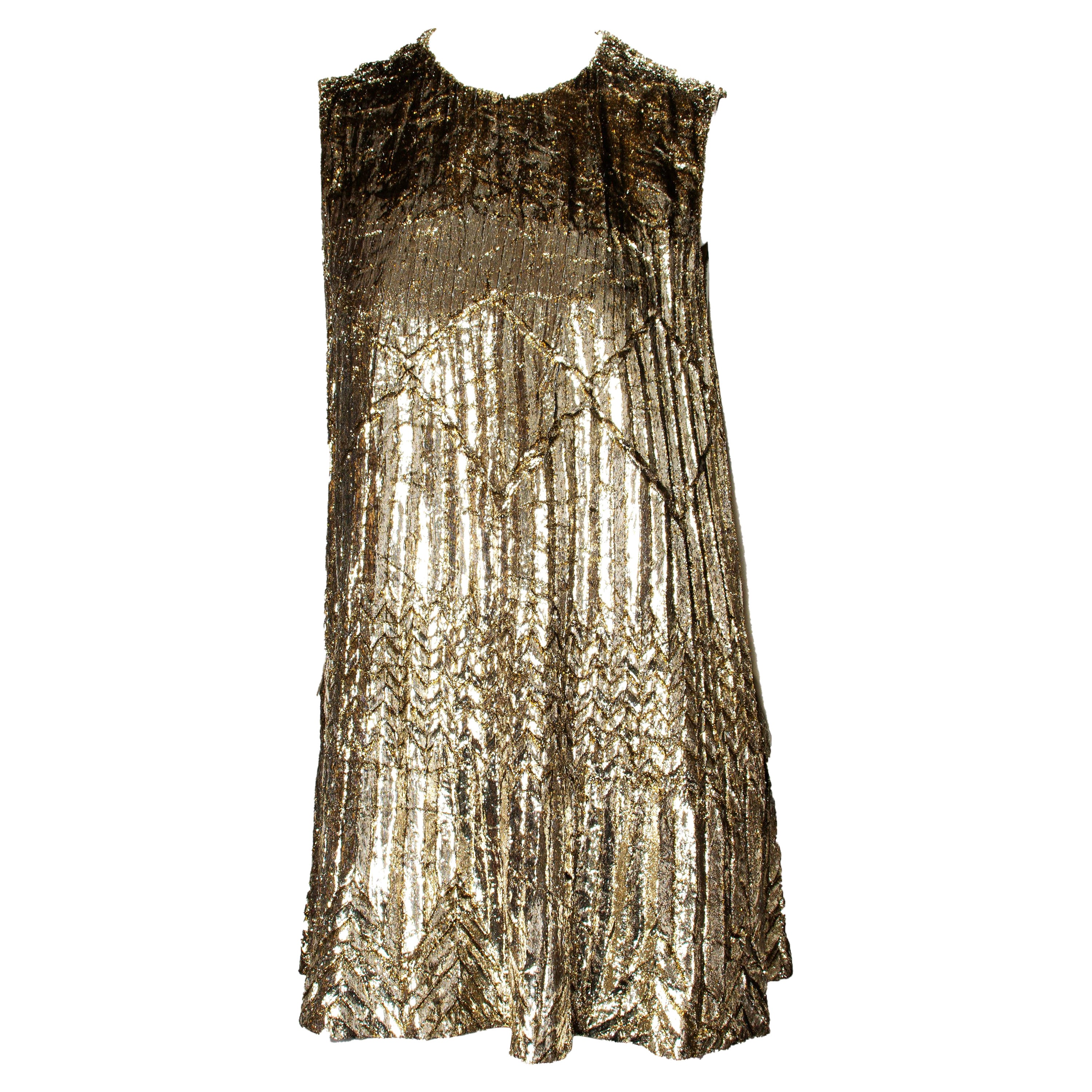 F/W 1994 Gianni Versace Gold Lame Lurex Pleated Tinsel Mini Tent Dress  For Sale