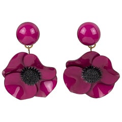 Cilea Paris Dangle Resin Clip Earrings Burgundy Poppy Flower
