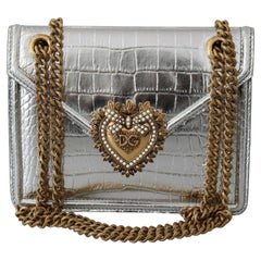 Dolce & Gabbana Silver Leather Devotion Shoulder Bag Metallic Crossbody Handbag 