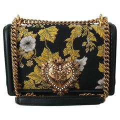Dolce & Gabbana Devotion Black Yellow Leather Fabric Shoulder Bag Handbag Floral