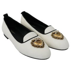 Dolce & Gabbana White Velvet Flats Loafers Shoes With Gold Devotion Heart
