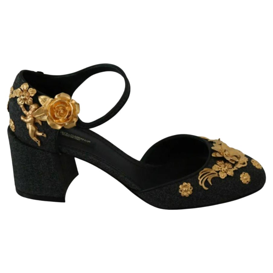 Dolce & Gabbana Black Gold Canvas Shoes Ankle Strap Sandals Baroque Angel 
