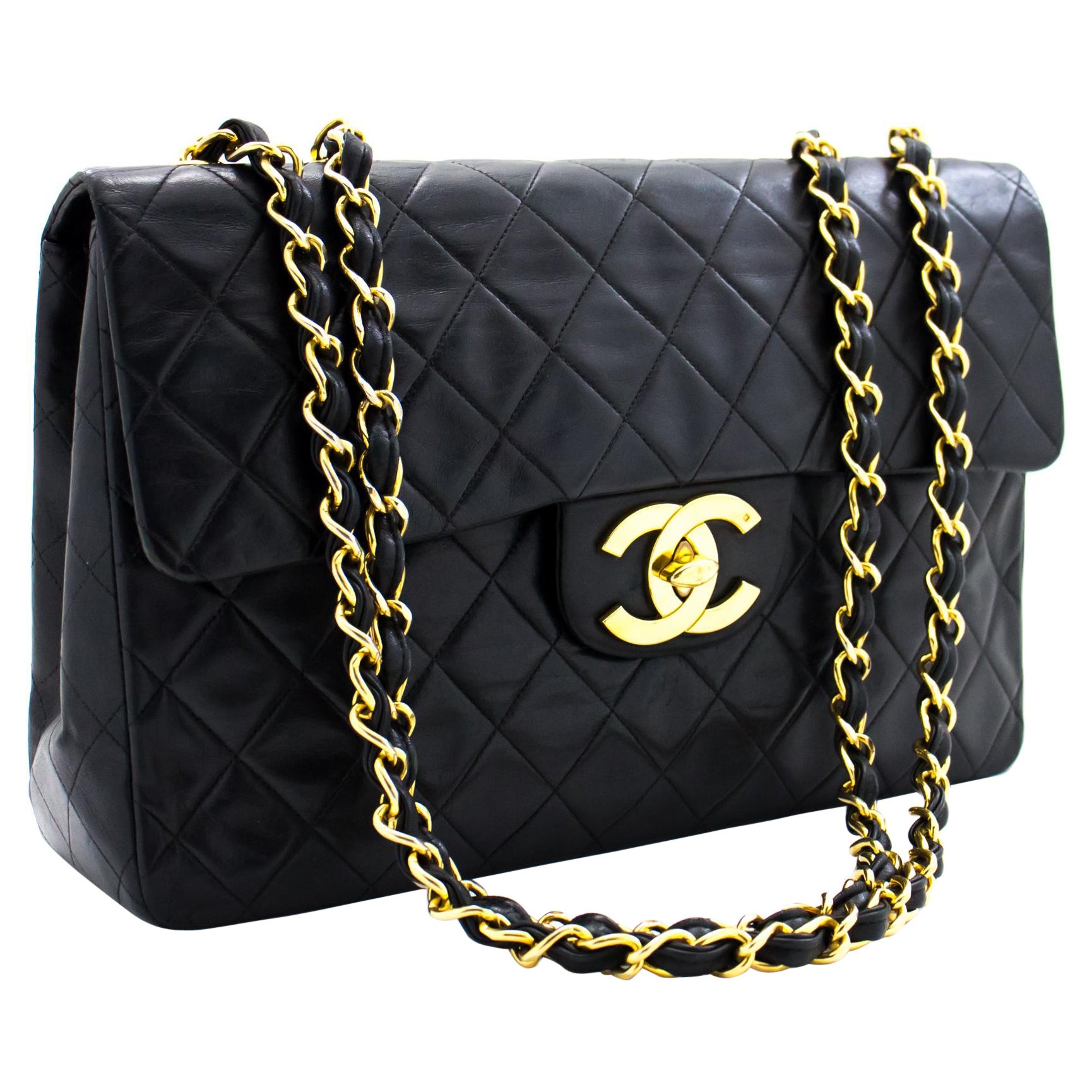 CHANEL Jumbo 13" Maxi 2.55 Chain Flap Shoulder Bag Lambskin Black