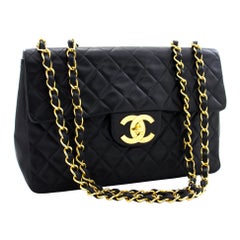 Used CHANEL Jumbo 13" Maxi 2.55 Chain Flap Shoulder Bag Lambskin Black