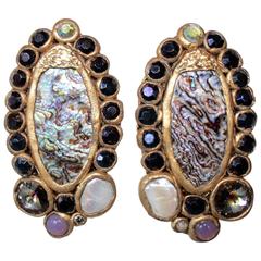 Ella K Abalone, Papier-Mâché, Mother of Pearl, and Crystal Clip Earrings