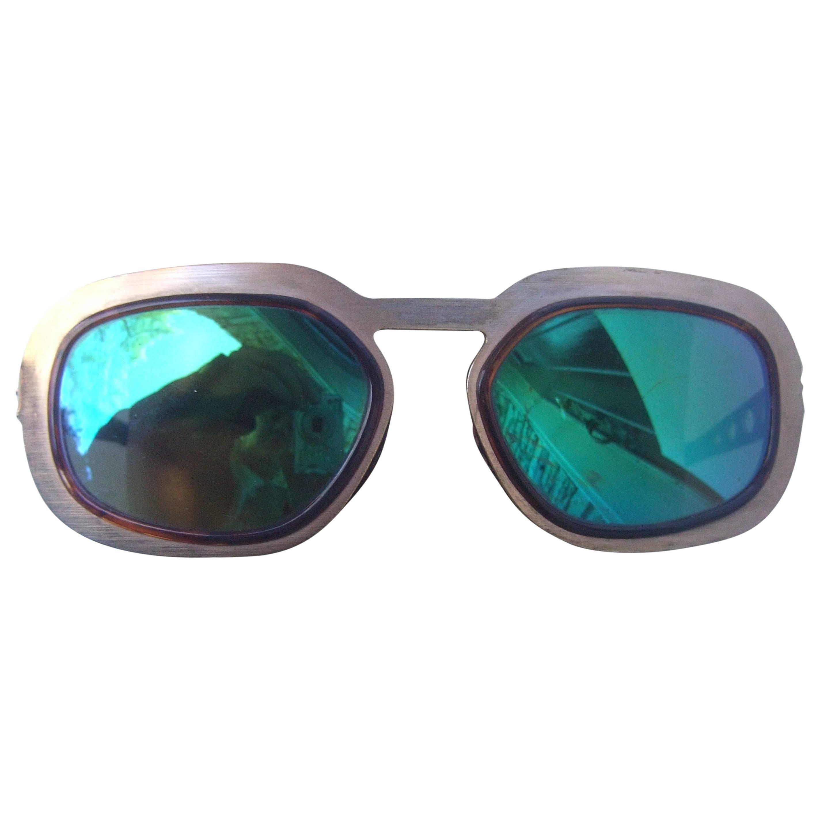 Sleek Gilt Metal Green Tinted Sun Glasses Made in Italy 1970s