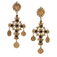 Dolce & Gabbana Gold Black Crystal Metal Cross Sacred Heart Clip-on Earrings