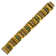 Vintage Art Deco Brass Link Panel Bracelet with Green Rhinestones circa 1930s