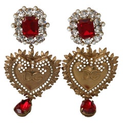 Dolce & Gabbana Sacred Heart Red Gold Clip-on Dangling Earrings Brass Glass