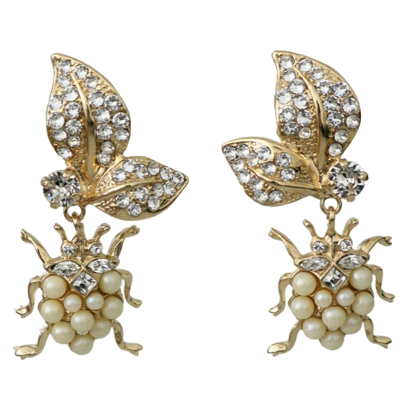Dolce & Gabbana Gold White Pearl Crystal Bugs Flower Clip-on Dangling Earrings For Sale