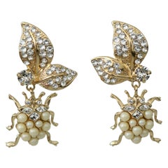 Dolce & Gabbana Gold White Pearl Crystal Bugs Flower Clip-on Dangling Earrings