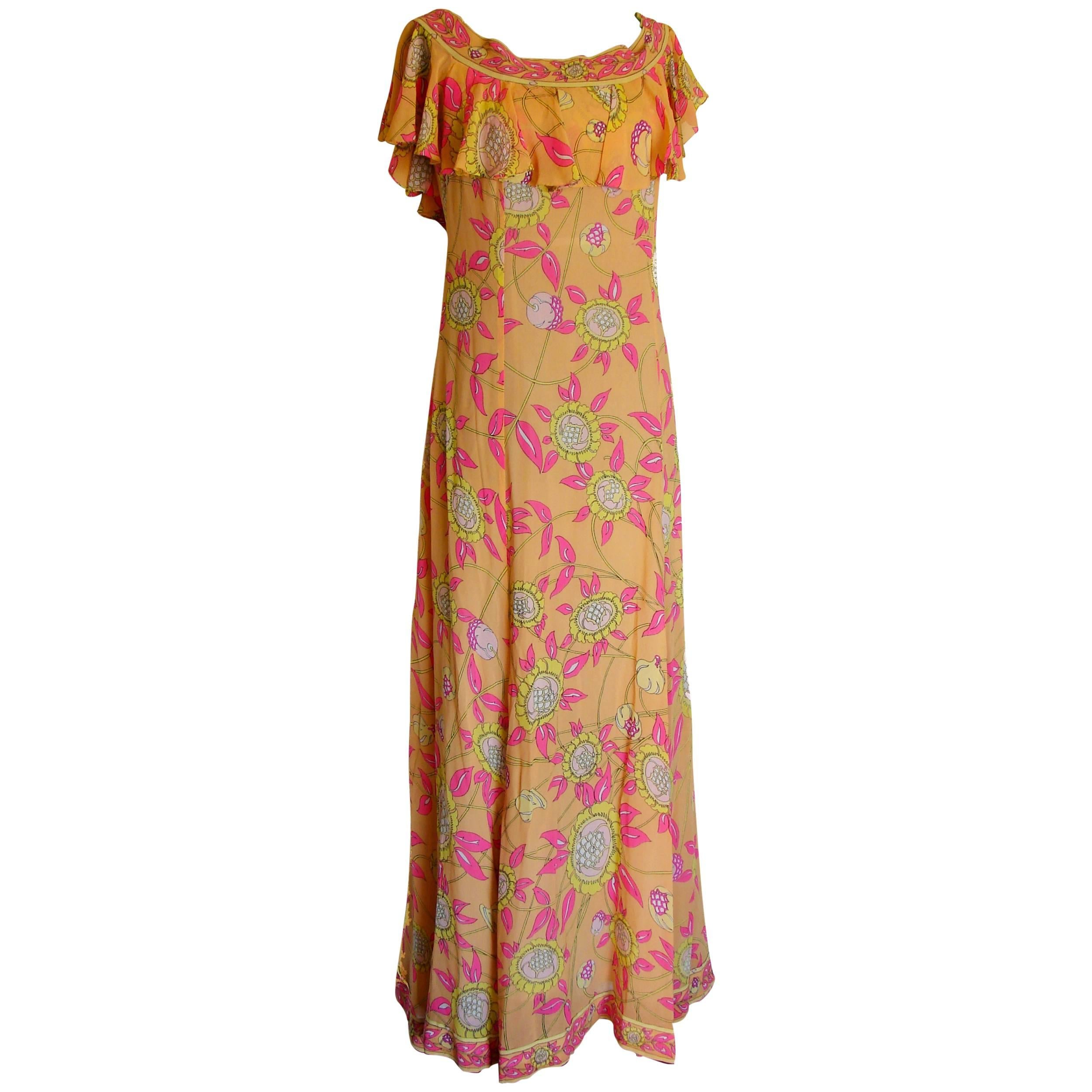 Emilio Pucci Silk Chiffon Ruffle Maxi Dress Bright Sunflower Print Deadstock 70s