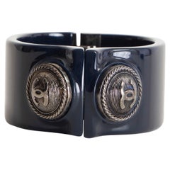 Chanel Navy Blue Resin CC Button Cuff Bracelet