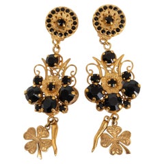 Dolce & Gabbana Gold & Crystal 4 Leaf Clover Drop Clip on Earrings
