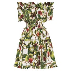 Dolce & Gabbana Multicolor Cotton Mid Length Dress Figs Print Green Ruffles