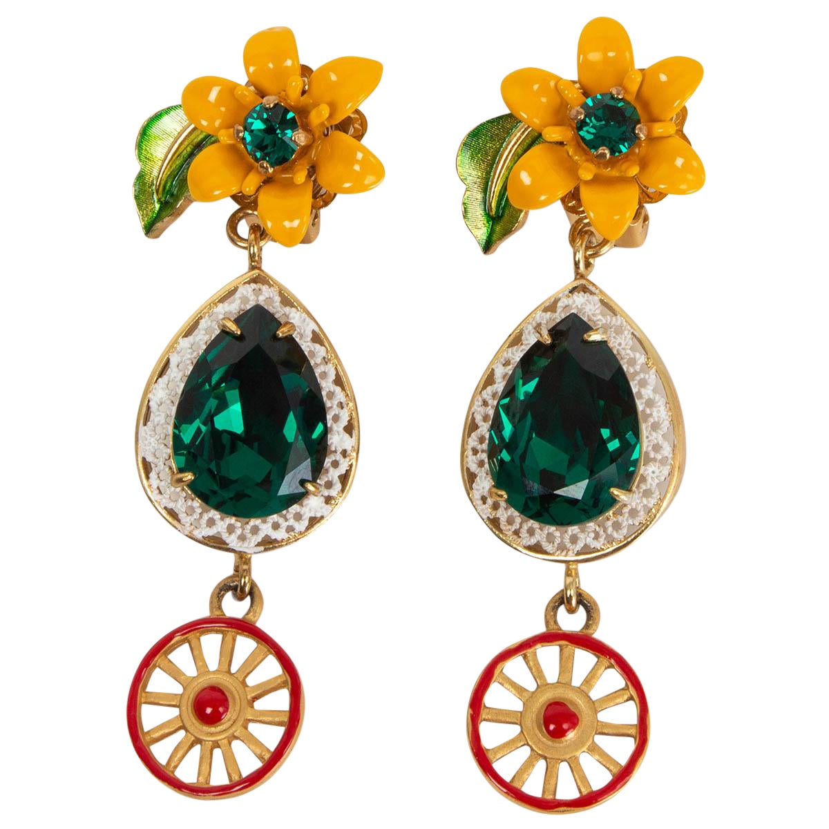 Dolce & Gabbana Gold & Crystal Flower Drop Clip on Earrings