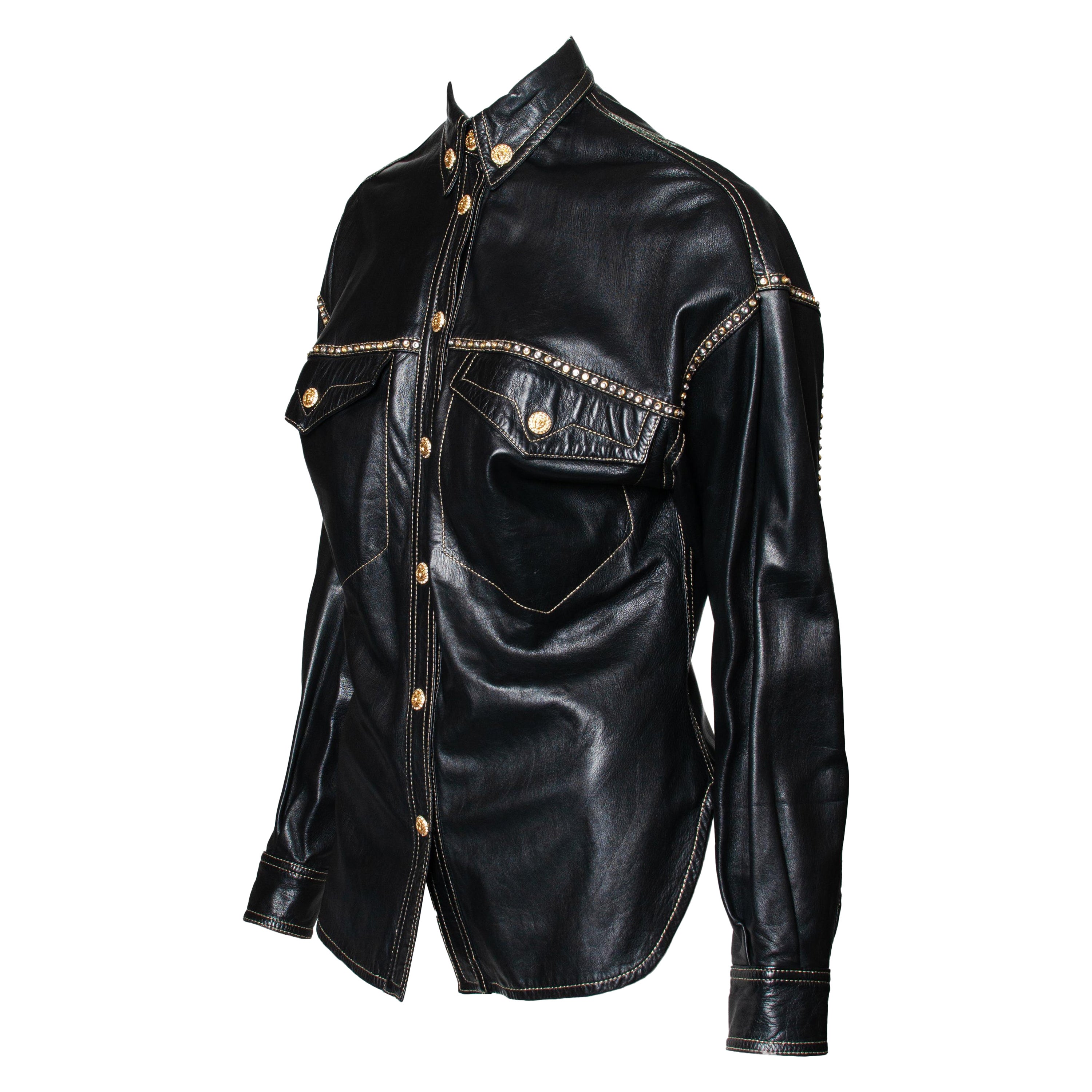 Versace Y2K Denim Printed Leather Biker Jacket For Sale at 1stDibs