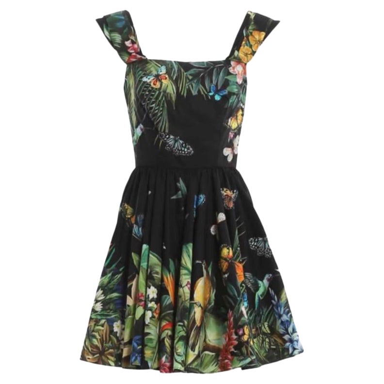 Dolce & Gabbana Black Multicolor Jungle Tropical Print Mini Dress Cotton Floral For Sale