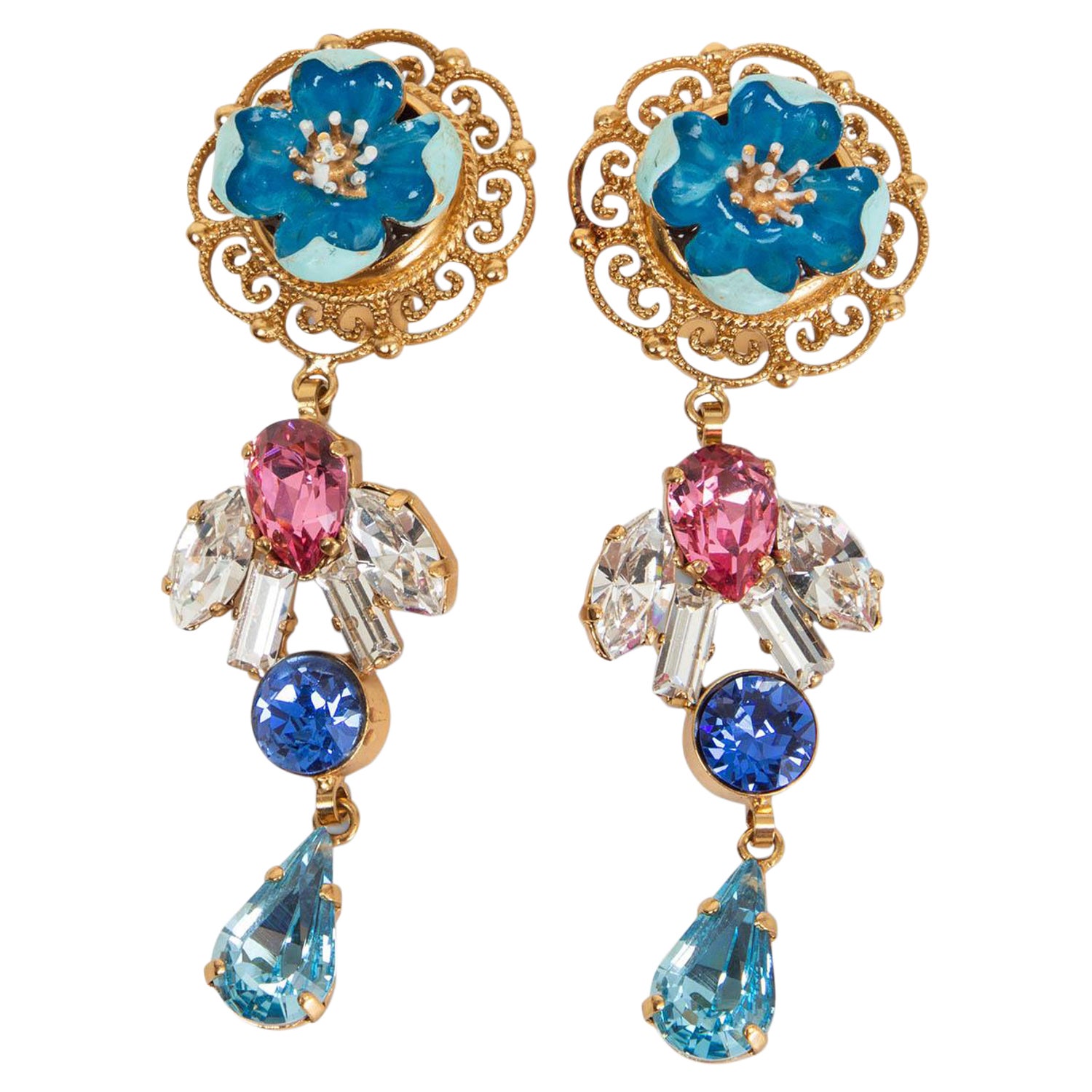 Dolce and Gabbana Blue and Gold and Crystal Flower Drop Clip on Earrings at  1stDibs