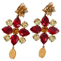 Dolce & Gabbana Red & Gold & Crystal Flower Drop Clip on Earrings