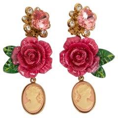 Dolce & Gabbana Pink Rosetto Cameo Rose Drop Clip on Earrings