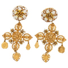 Dolce & Gabbana Gold Sicilian Cross Madonna Flower Drop Clip on Earrings