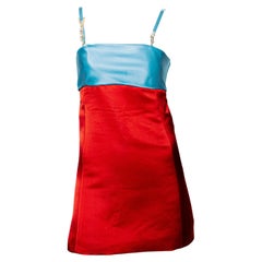 Used F/W 1996 Gianni Versace Satin Red & Blue Mini Dress with Rhinestone Logo Straps