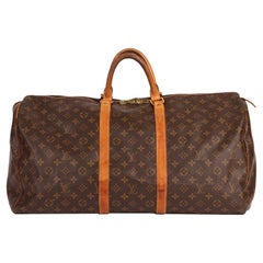 Louis Vuitton Brown Monogram Coated Canvas & Vachetta Leather Used Keepall 55