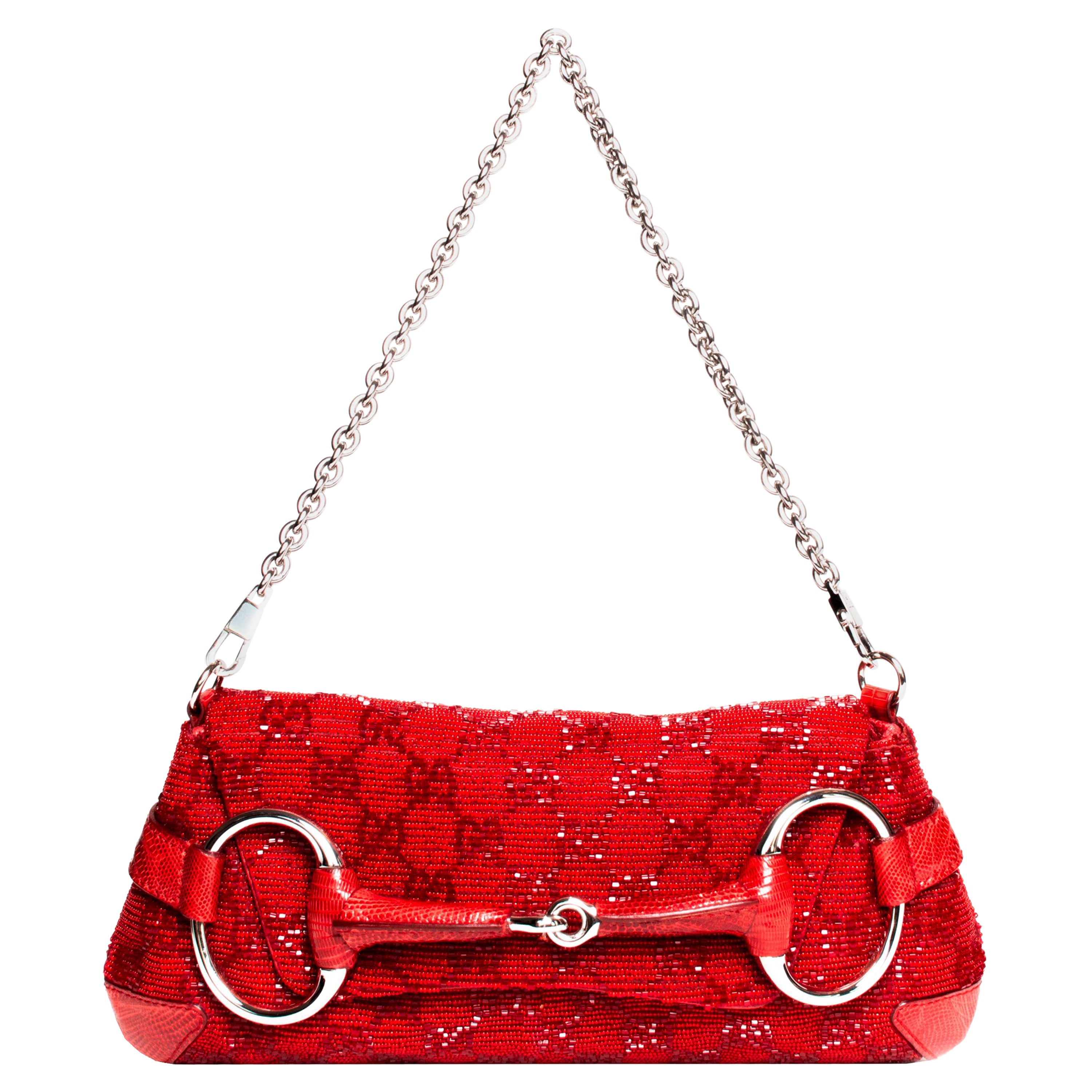 Gucci by Tom Ford Beaded GG Red Horse-Bit Convertible Chain Clutch Lizard